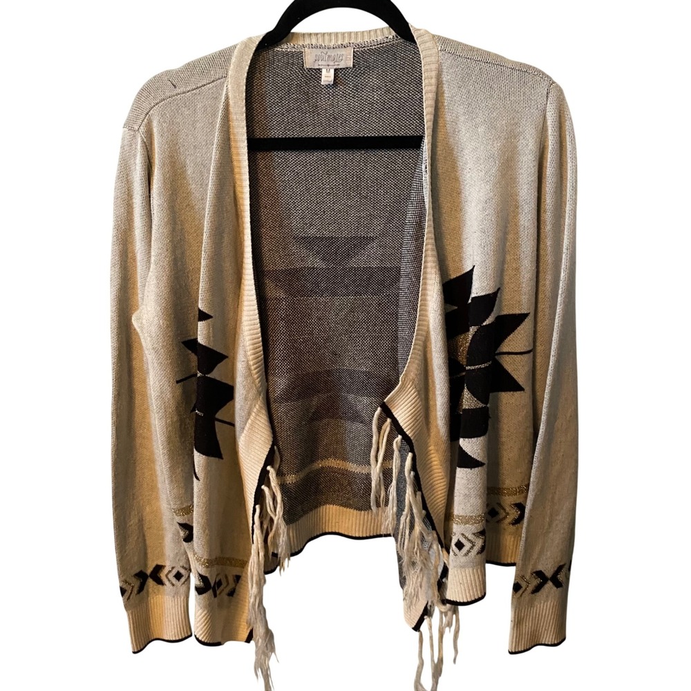 Soulmates Women Beige Black‎ Aztec Fringe Cardigan Sweater Open Front Size M